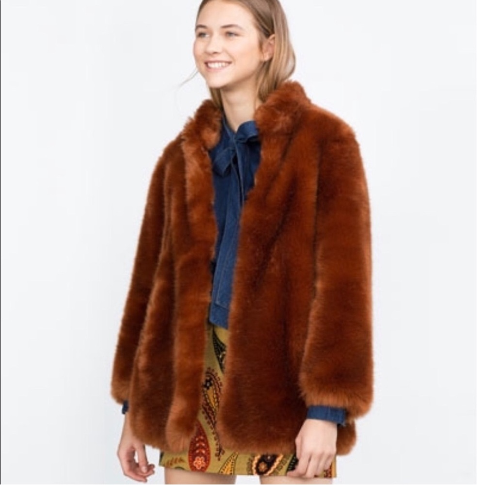 Zara Trafaluc brown faux fur coat jacket Size M